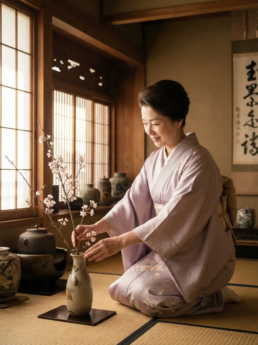 一位优雅的 od体育平台 在和室中插花